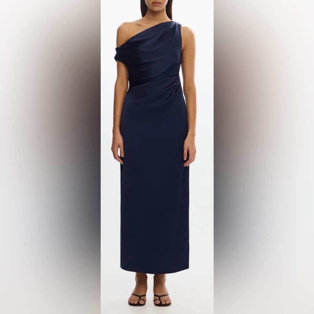 NEW Significant Other Alyssa Pleated One-Shoulder Draped Satin navy Gown Sz 6